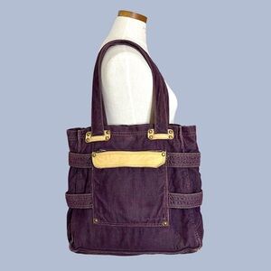 Gap Boho Brown Corduroy Shoulder Bag Tote Leather Details Bronze Tone Hardware